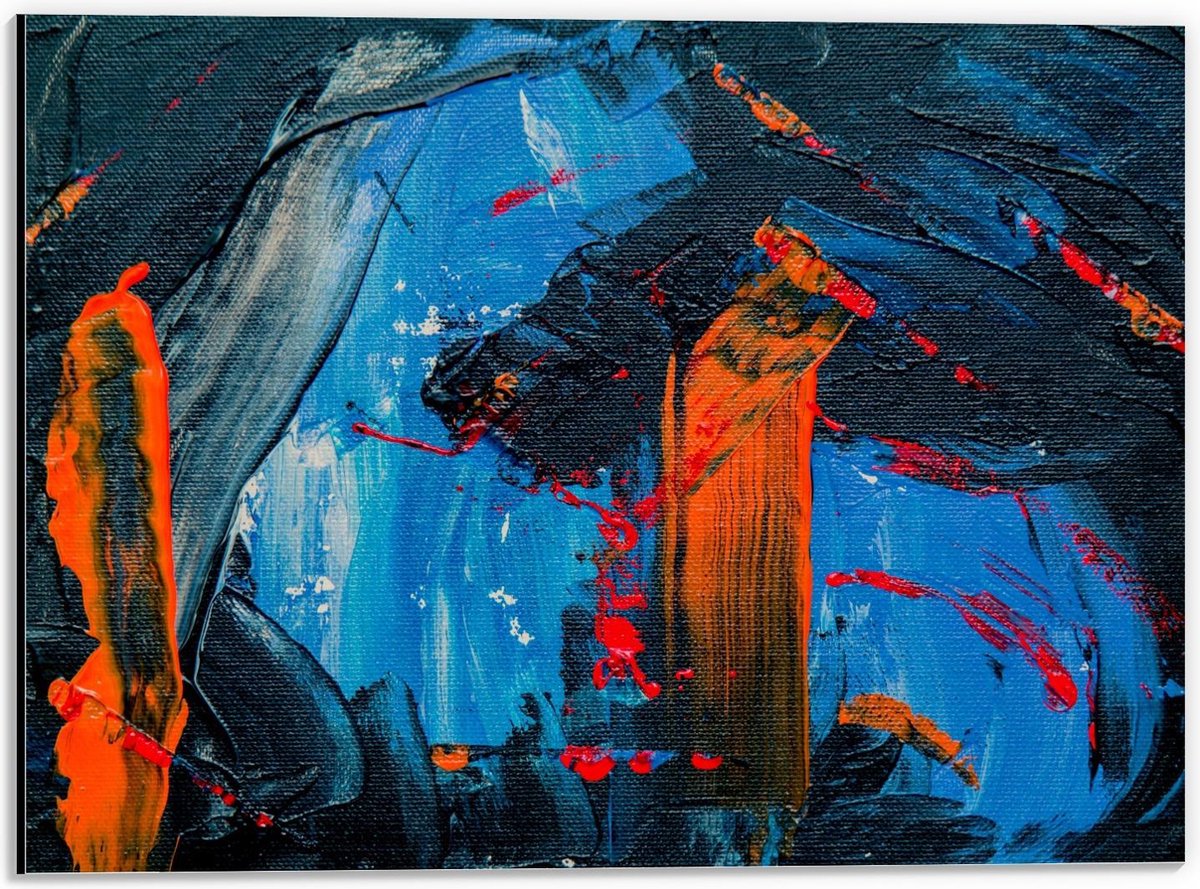 Dibond - Schilderij Verfstrepen (zwart/blauw/oranje) - 40x30cm Foto op Aluminium (Met Ophangsysteem)
