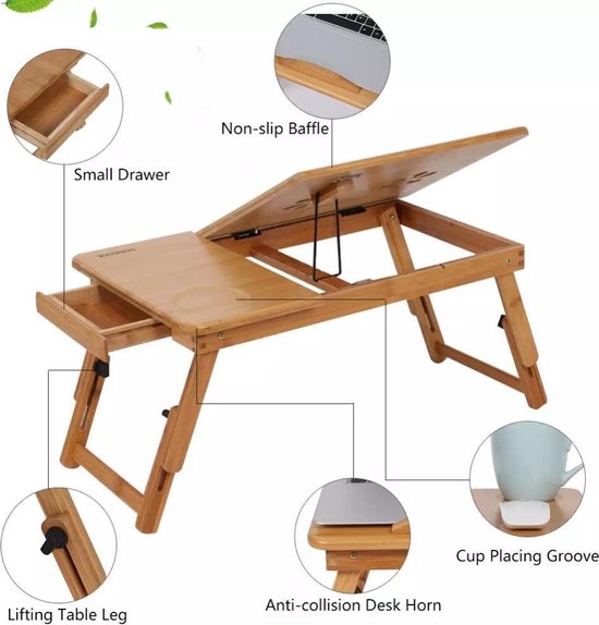 Verstelbare Bamboe Laptoptafel Voor Bed & Bank - Zwart Met Telefoon & Tablet Houder - Inklapbaar, Kantelbaar & Hoogte Verstelbaar | Decopatent