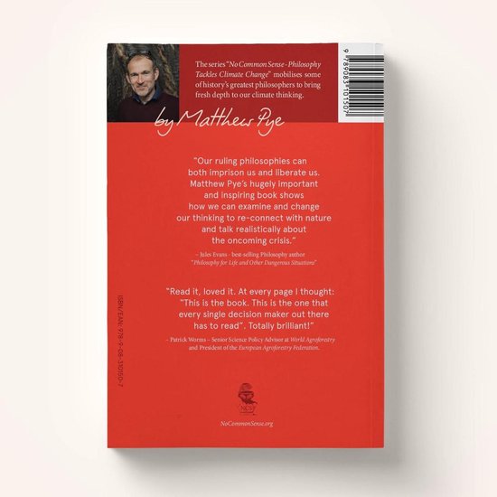 Boekomslag met rode achtergrond, titel "No Common Sense - Philosophy Tackles Climate Change" en foto van Matthew Pye.