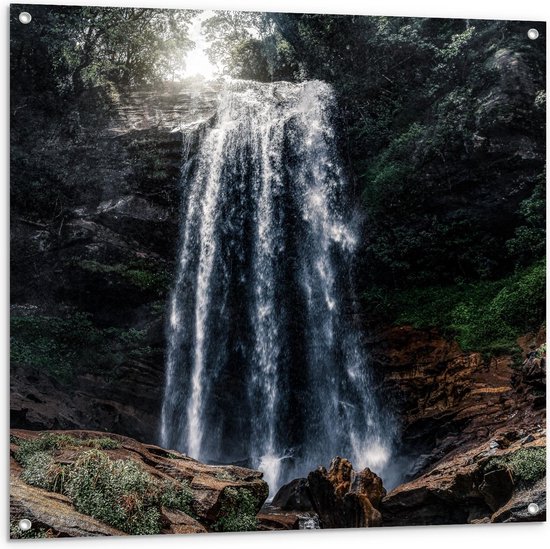 Tuinposter – Glinsterende Waterval - 100x100cm Foto op Tuinposter  (wanddecoratie voor buiten en binnen)