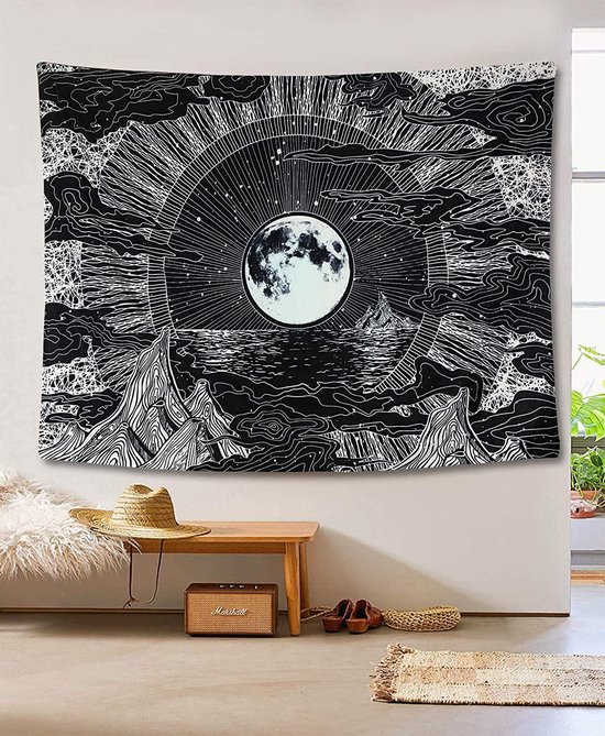 Ulticool Wandkleed 200x150 cm – Maan Sterrenhemel Natuur Bohemian – Met Bevestigingspinnen - voor Binnen - Aesthetic Room Decor Wandtapijt Decoratie Posters Boho Wanddoek Slaapkamer Tarot Kaarten Heks Zwart - Vrouw Man Tiener Meisje