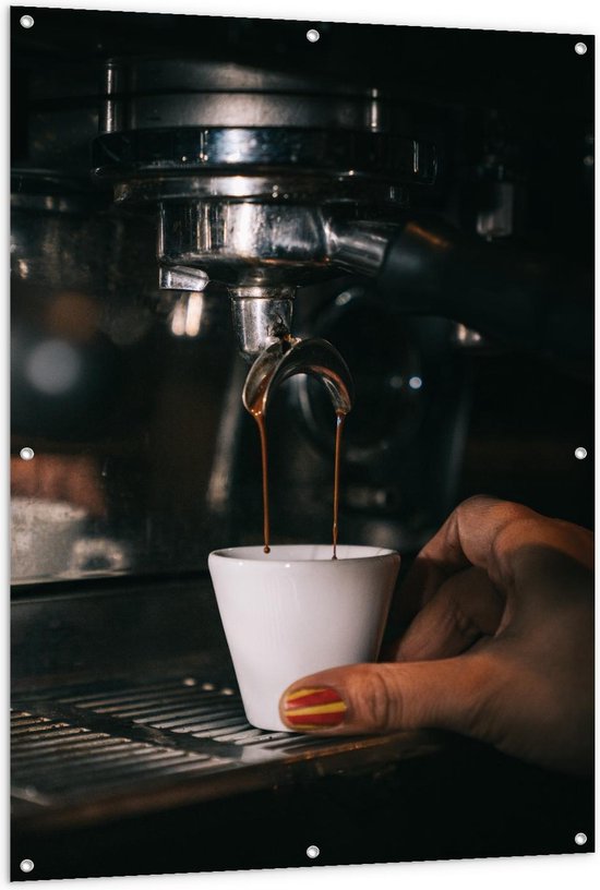 Tuinposter – Espresso Kopje onder Koffiezetapparaat - 100x150cm Foto op Tuinposter  (wanddecoratie voor buiten en binnen)