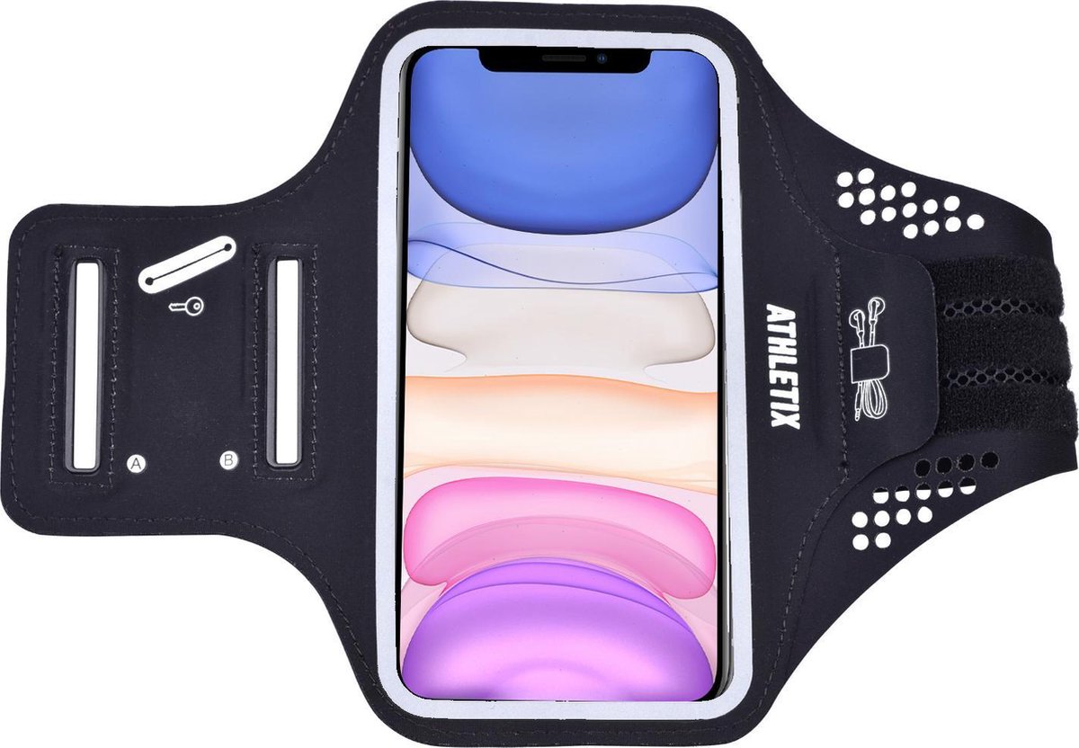 Athletix® - Universele Smartphone Hardloop Armband - Reflecterende Sportarmband -  Inclusief ruimte voor 10 pasjes en 2 sleutels- Hardloopband - Smartphone Houder / Geschikt voor iPhone 12 Pro / 11 / XS / X / 8 / 7 - 100% Spatwaterdicht - Zwart - Athletix®