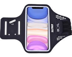 Athletix® - Universele Smartphone Hardloop Armband - Reflecterende Sportarmband -  Inclusief ruimte voor 10 pasjes en 2 sleutels- Hardloopband - Smartphone Houder / Geschikt voor iPhone 11 Pro / XS / X / 8 / 7 / 6S / 6 - 100% Spatwaterdicht - Zwart