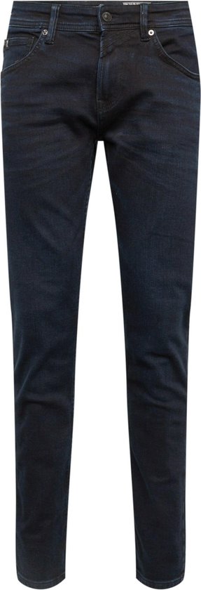 Donkerblauwe slim fit jeans met lichte wassing en een klinknagel detail.