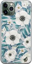 iPhone 11 Pro Max hoesje siliconen - Witte bloemen - Soft Case Telefoonhoesje - Bloemen - Transparant, Blauw