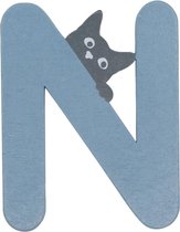 Lettre N en bois Blauw avec chat | 9 cm