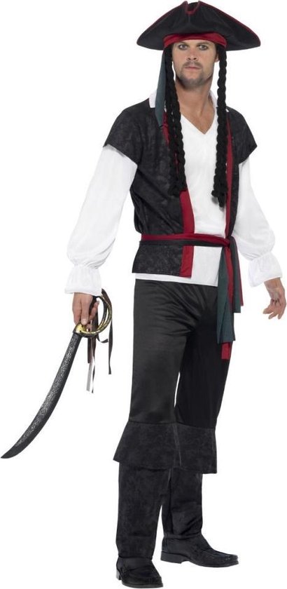 Smiffy's - Piraat & Viking Kostuum - Klassieke Zwarte Overboordpiraat - Man - Zwart - XL - Carnavalskleding - Verkleedkleding
