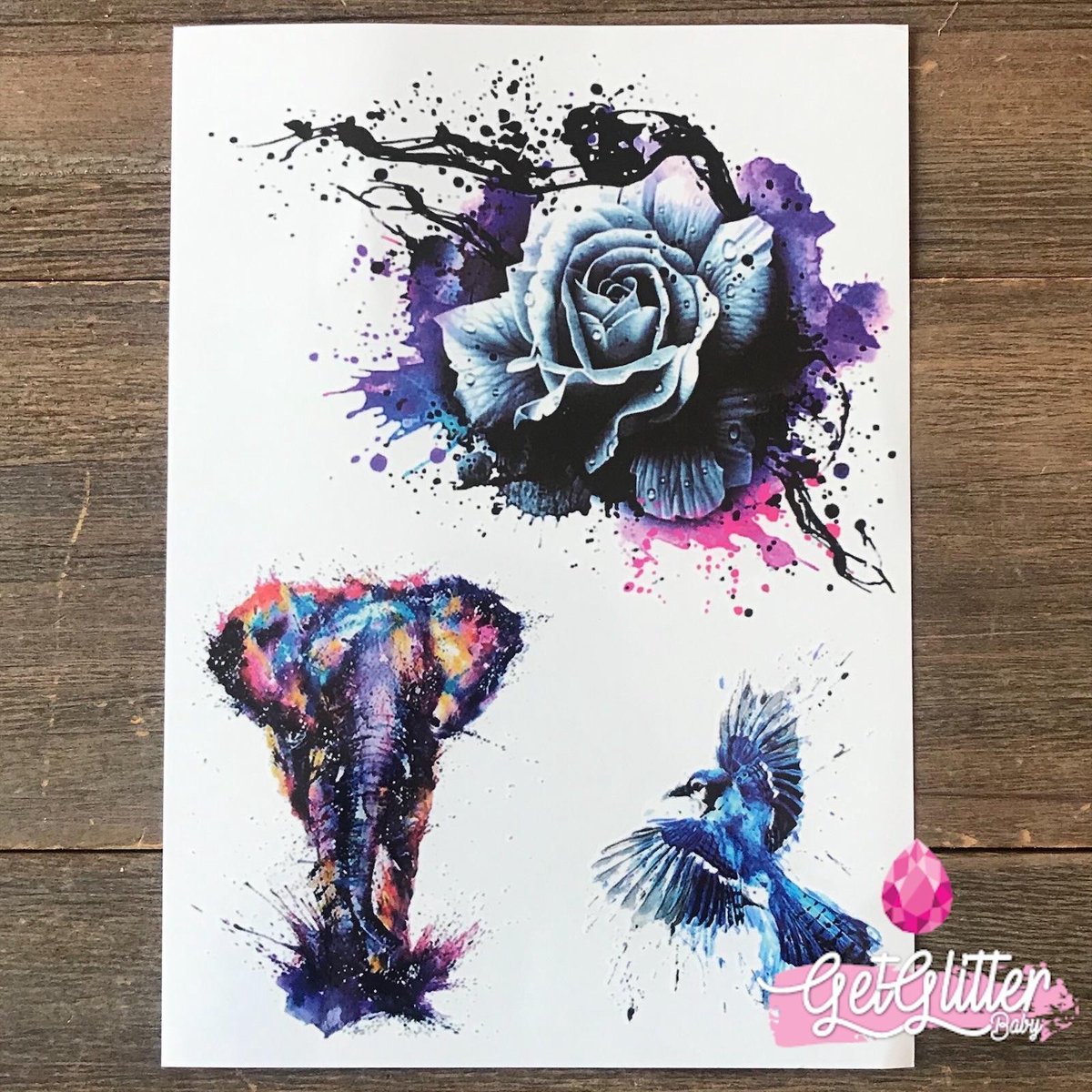 GetGlitterBaby® - Tijdelijke Tattoos / Tijdelijke Henna Festival Plak Tattoes / Nep Tatoeage voor Volwassenen / Fake Temporary Tattoo Sticker - Roos Olifant Vogel
