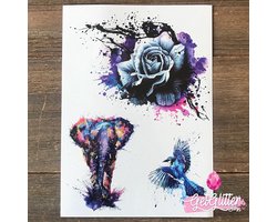 GetGlitterBaby® - Tijdelijke Tattoos / Tijdelijke Henna Festival Plak Tattoes / Nep Tatoeage voor Volwassenen / Fake Temporary Tattoo Sticker - Roos Olifant Vogel