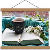 Schoolplaat – Mok op Boek met Bloemen en Deken  - 40x30cm Foto op Textielposter (Wanddecoratie op Schoolplaat)