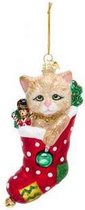 Kurt S. Adler Kerstornament - Beige kat in kerstsok - glas - beige rood - 13cm