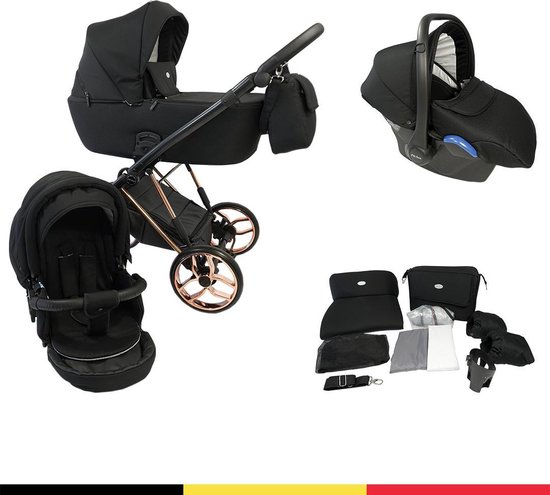 P'tit Chou Novara Black Roze Gold- Complete 3 in 1 Kinderwagen set - Buggy + Autostoel + Incl. Accessoires