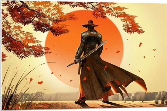 Forex - Getekende Samurai bij Zonsondergang - 90x60cm Foto op Forex