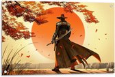 Tuinposter – Getekende Samurai bij Zonsondergang - 90x60cm Foto op Tuinposter  (wanddecoratie voor buiten en binnen)