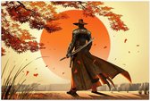 Poster – Getekende Samurai bij Zonsondergang - 90x60cm Foto op Posterpapier