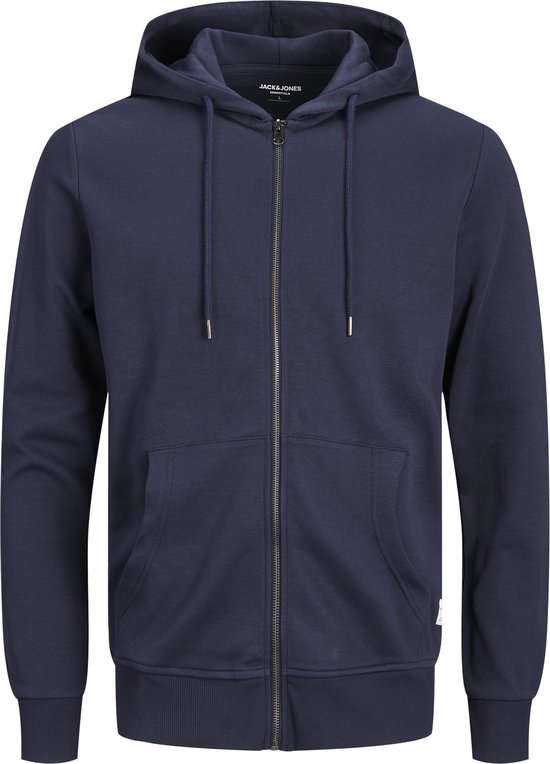 Een marineblauwe hoodie met ritssluiting en capuchon, op de voorkant een zilveren ritssluiting en steekzakken.
