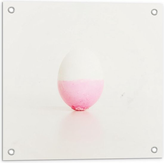 Tuinposter – Roze met Wit Ei op Witte Achtergrond  - 50x50cm Foto op Tuinposter  (wanddecoratie voor buiten en binnen)