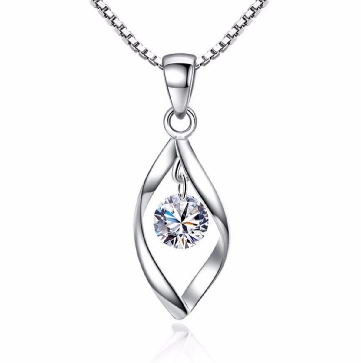 Tibri 238 - Zilverkleurige ketting met gedraaide hanger en Zirkonia steen