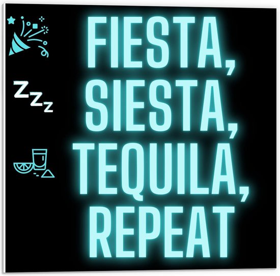Forex - Tekst: ''Fiesta, Siesta, Tequila, Repeat'' zwart/blauw met figuren - 50x50cm Foto op Forex