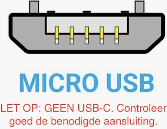 Micro USB aansluiting met tekst 'LET OP: GEEN USB-C. Controleer goed de benodigde aansluiting.'
