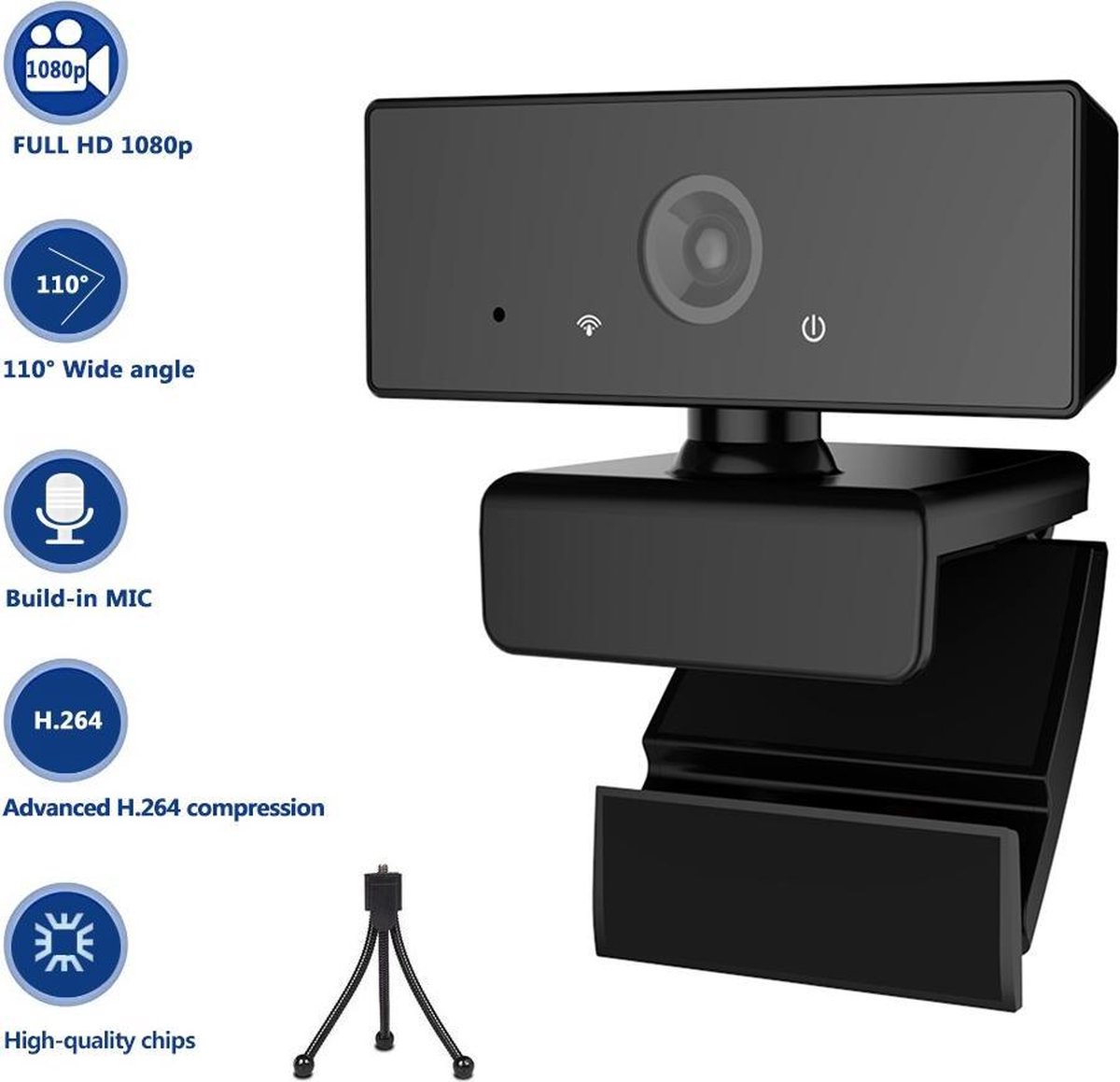 Takmach Webcam Full HD Met Statief - Webcam voor pc -Gamen- Vergaderen - Werk & Thuis - School - USB- Auto focus - 360° draaibaar