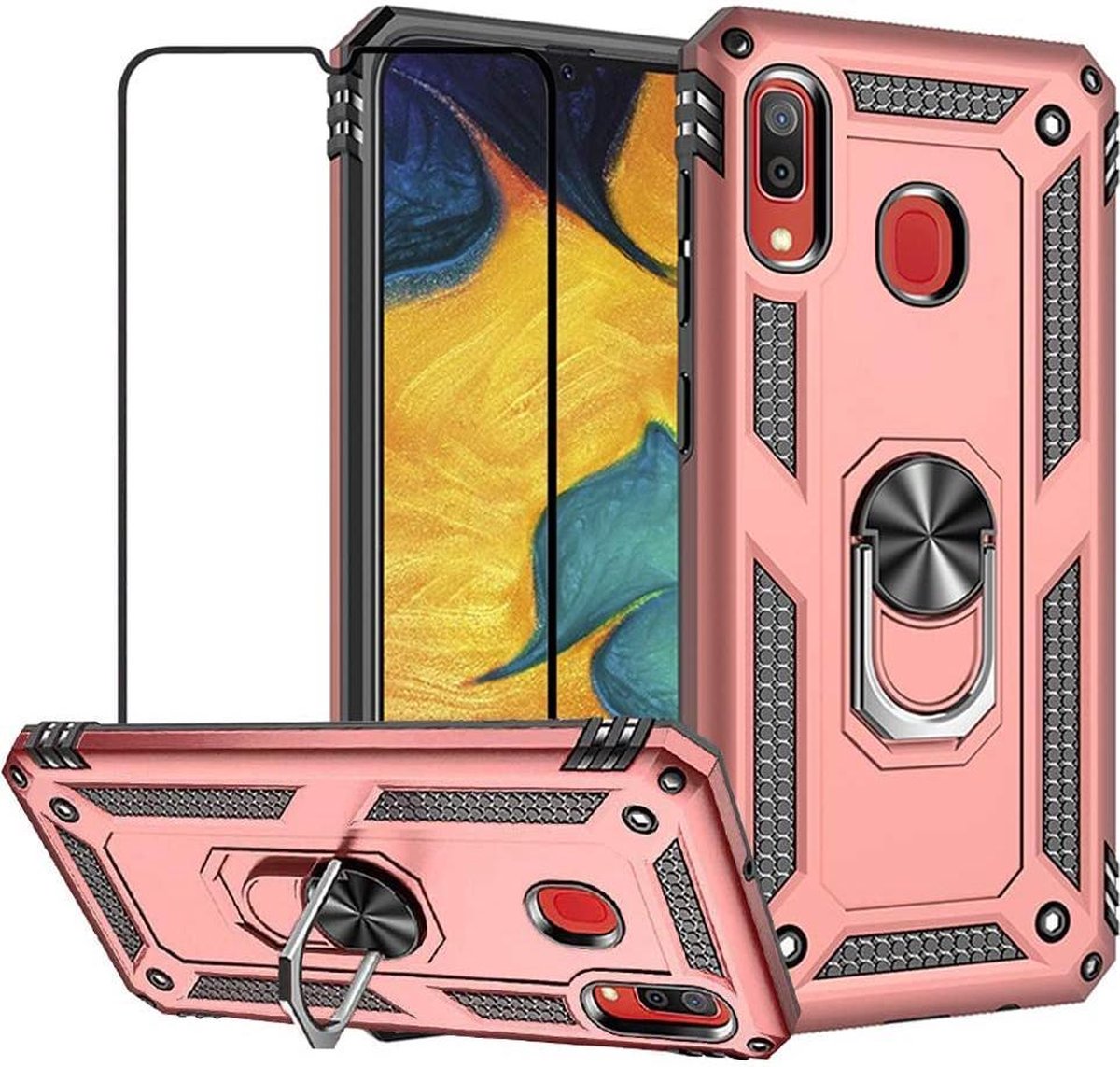 Telefoonhoesje Geschikt voor: Samsung Galaxy A20E hoesje Schokbestendige ring armor met volledige schermdekking Screenprotector rose goud