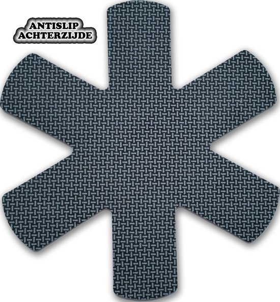 Antislip achterzijde van panbeschermer met sterpatroon in antracietgrijs.