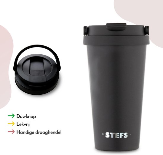 Stefs - Koffiebeker to go - 350 ml - Zwart - Travel Mug - Reisbeker -  Handig deksel -... | bol.com