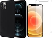 Hoesje geschikt voor iPhone 12 pro max - case zwart liquid siliconen + Screen protector glas tempered glass screenprotector