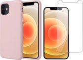 iphone 12 hoesje - iphone 12 case roze liquid siliconen - hoesje iphone 12 apple - iphone 12 hoesjes cover hoes - 1x iphone 12 screenprotector glas tempered glass screen protector