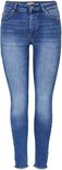 Blauwe skinny jeans met een licht verbleekte wassing en rafelige zoom aan de voorkant.