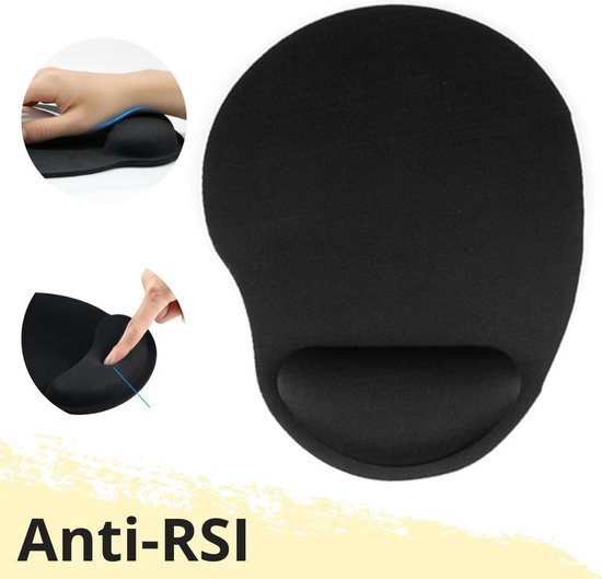 Zwarte ergonomische muismat met polssteun, met detailopnames van de polssteun en de onderkant.