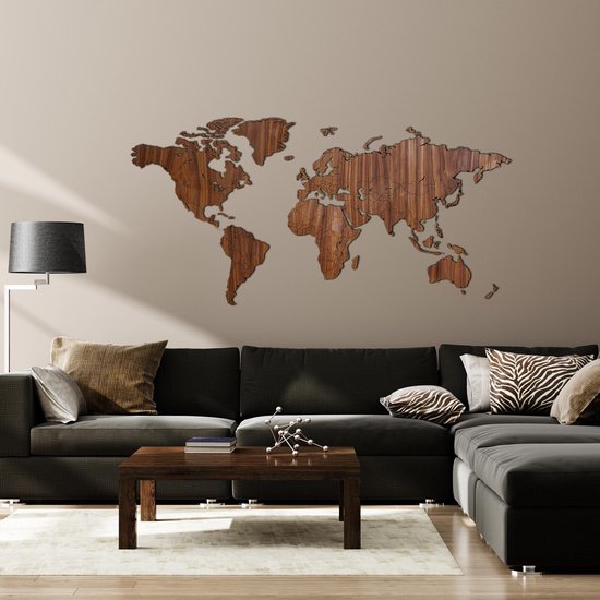 Wereldkaart van Hout - Walnoot - Extra Large (185 x 90 cm) - Mercator projectie - wanddecoratie - design - muurdecoratie hout