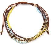 Dielay - Armband Dames - 3 Lagen - Koord met Kralen - Lengte Verstelbaar - Bruin