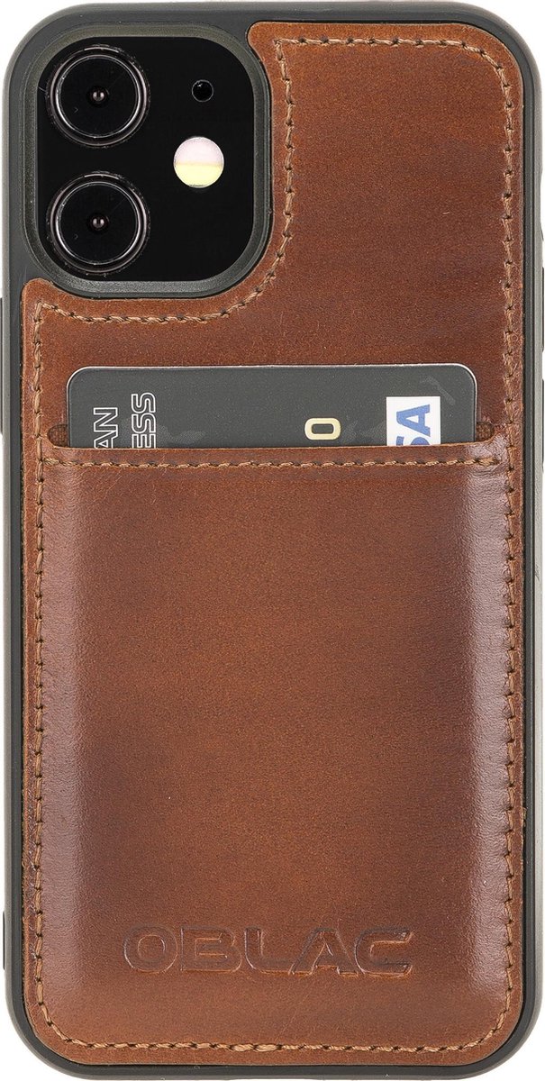 Hoesje iPhone 12 Mini 5.4'' Oblac® - Full-grain leer - Back Cover - 1 kaartvak - Cognac Bruin