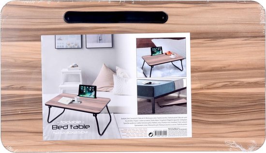 Houten bedtafel met inklapbare poten, in verpakking.