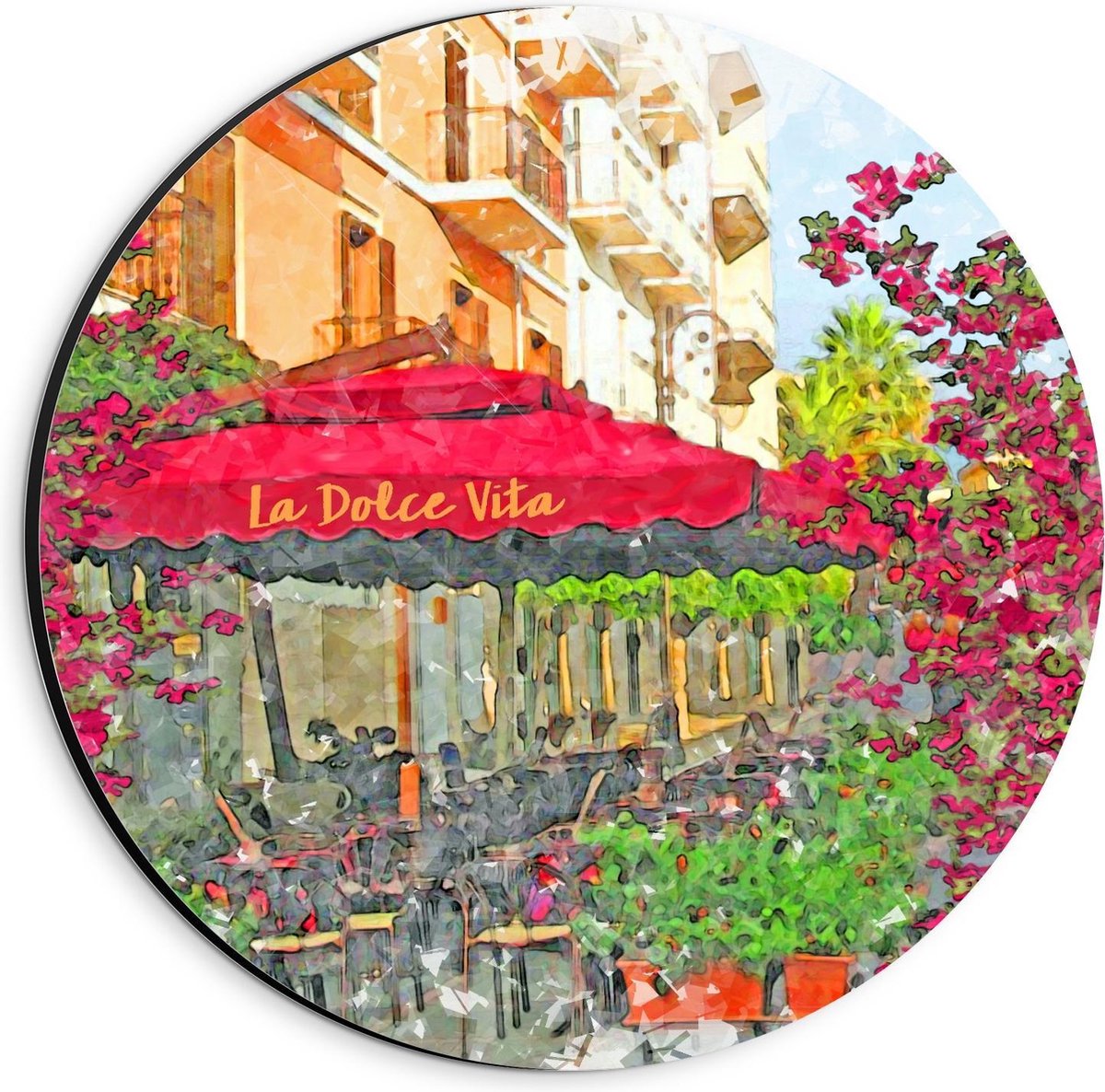 Dibond Wandcirkel - Geschilderd Terras met Roze Parasol - 20x20cm Foto op Aluminium Wandci