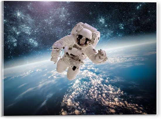 Acrylglas - Astronaut bij Wereldbol  - 60x40cm Foto op Acrylglas (Wanddecoratie op Acrylglas)