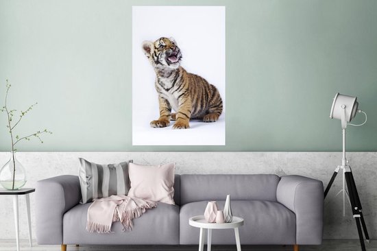Tigre avec la bouche ouverte sur papier poster fond blanc 120x180 cm - Tirage photo sur Poster (décoration murale salon / chambre) / Poster Animaux sauvages XXL / Groot format!