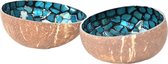 set van 2 - coconut bowl - kokosnoot kom - mozaiek oceaan blauw - 13 cm - fairtrade uit Vietnam
