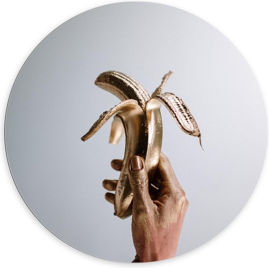 Dibond Wandcirkel - Gouden Banaan in Hand - 100x100cm Foto op Aluminium Wandcirkel (met ophangsysteem)