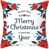 Kersthoes sierkussen | "Merry Christmas & Happy New Year" | Kerstbloemen Rood en Wit