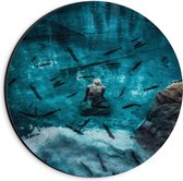 Dibond Wandcirkel - Vrouw in Blauw Water - 20x20cm Foto op Aluminium Wandcirkel (met ophangsysteem)
