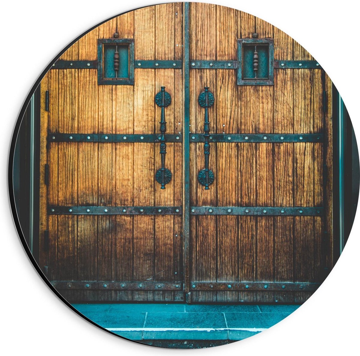Dibond Wandcirkel - Houten Voordeuren - 20x20cm Foto op Aluminium Wandcirkel (met ophangsy