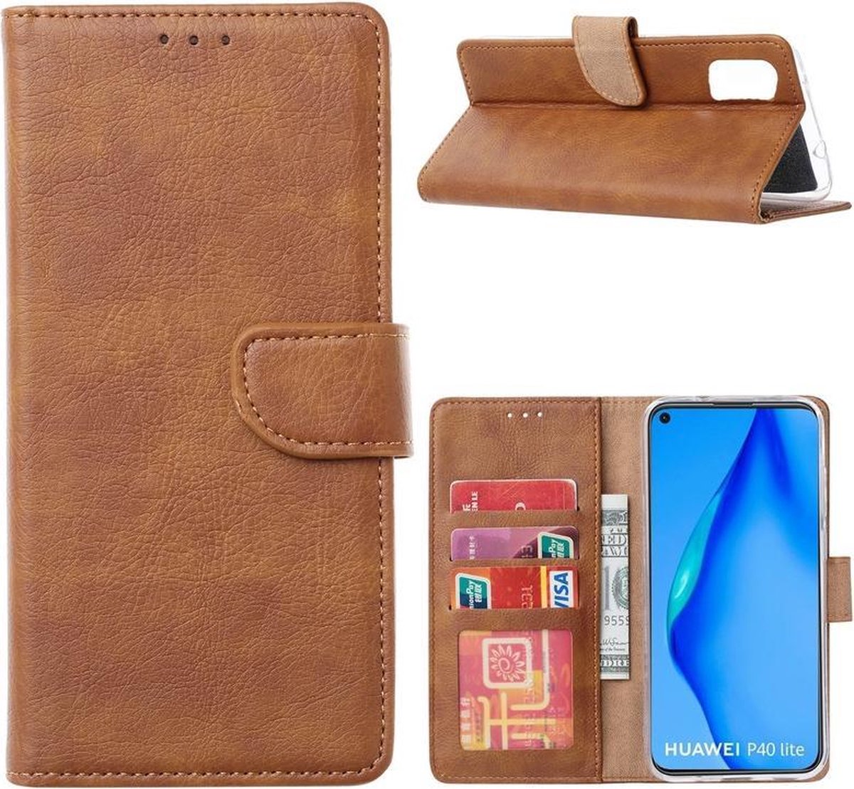 Bookcase Geschikt voor: Huawei P40 Lite 5G - Lichtbruin - portemonnee hoesje