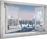 Kerst canvas voor buiten - 100x75x2 cm - spelende pinguins - sneeuw - winterlandschap - kerst decoratie - tuindoek - kerstversiering