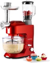 Klarstein Lucia 2G Rossa Keukenmachine met mixer, vleesmolen en blender - Glazen mengkom 5 liter - Inclusief garde, kneedhaak en menghaak - 1300 W - 6 snelheden - Rood