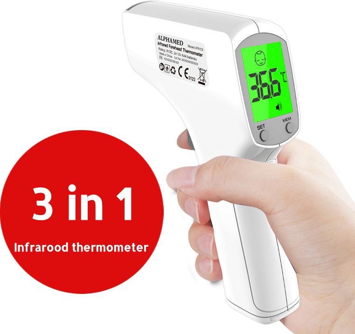 Alphamed - Professionele Infrarood thermometer - Koortsthermometer - Thermometer voorhoofd - Alarm bij koorts - Incl. batterijen - Alphamed