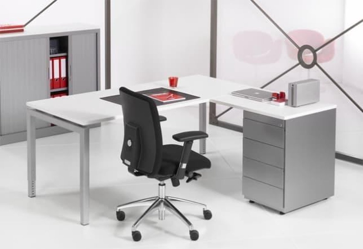 ABC Kantoormeubelen 4-Poots hoekbureau met ladenblok Kubus 180 x160cm Ladeblok 4 lades met pennenlade bladkleur Licht Eiken framekleur Aluminium (RAL9006) wingzijde Links Aluminium (RAL9006)/Licht Eiken